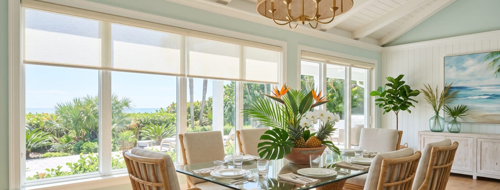 Roller shades in a dining room