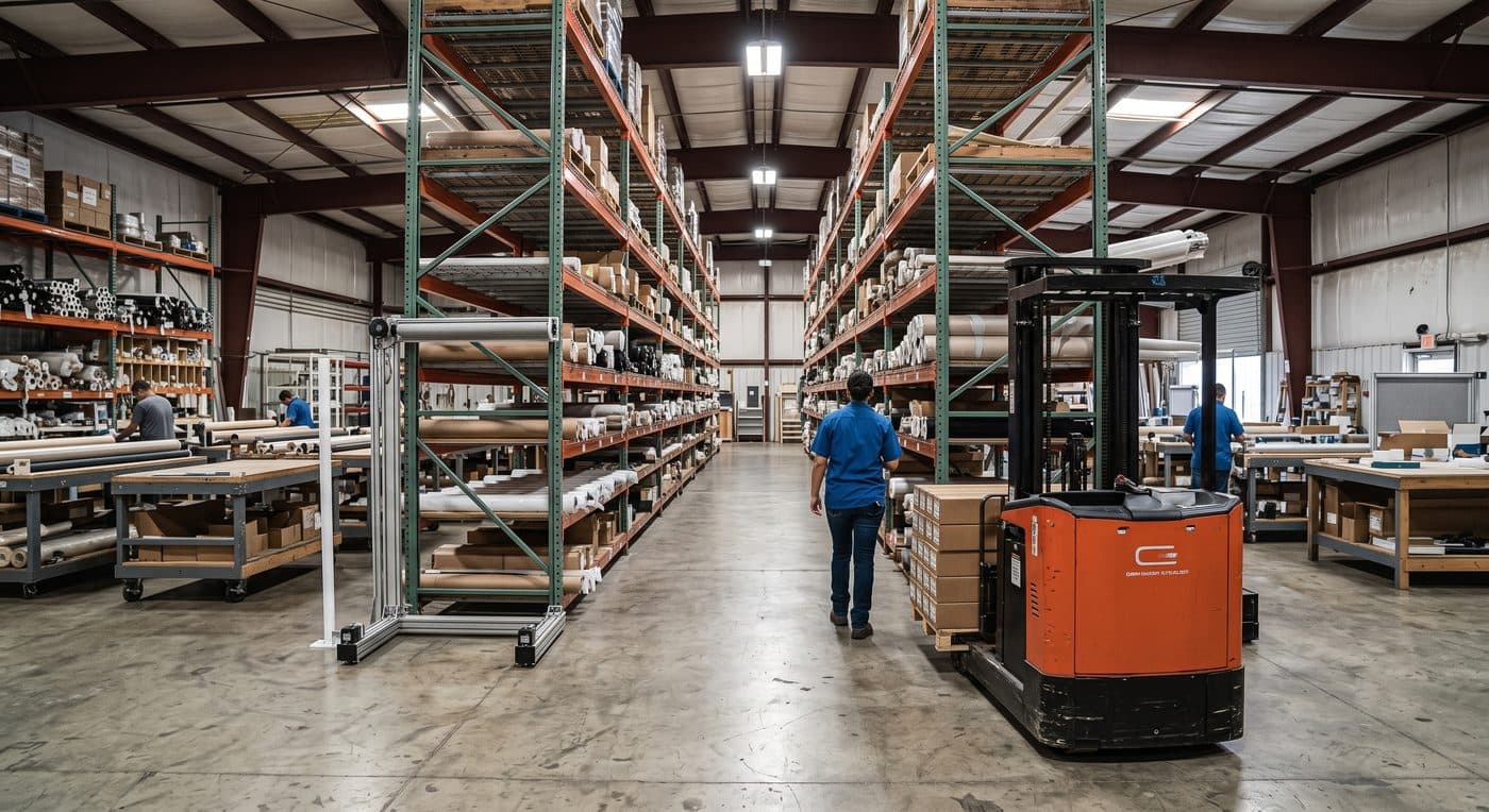 Racking and cutting tables in the Sarasota warehouse