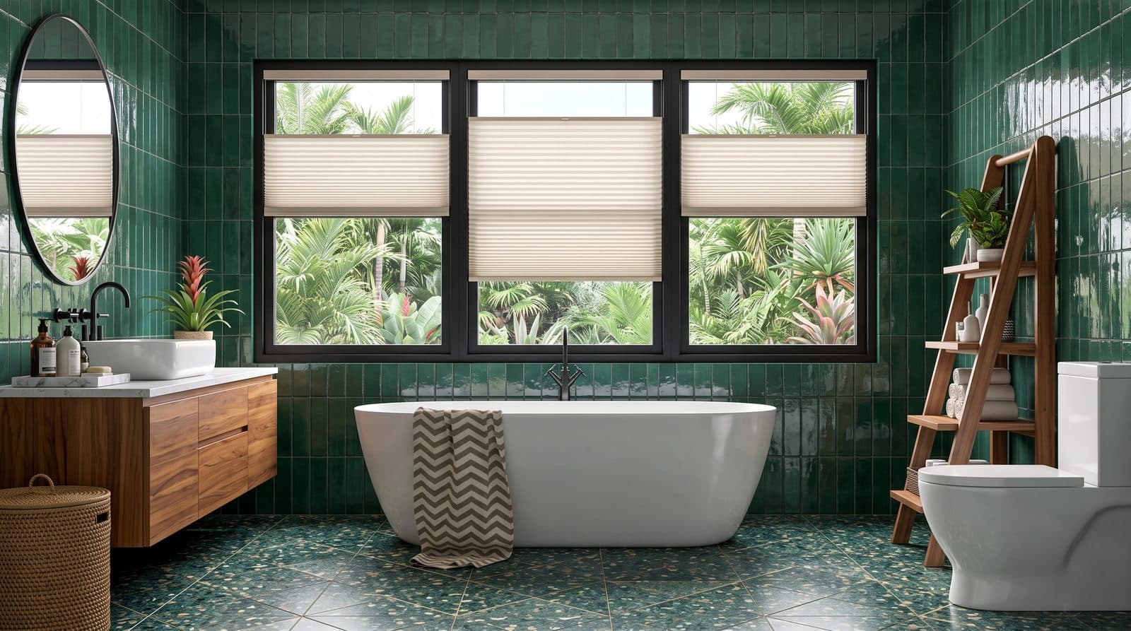 Cellular shades in a bathroom