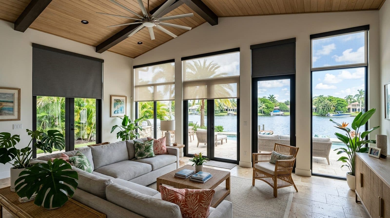 Waterfront living room with roller shades