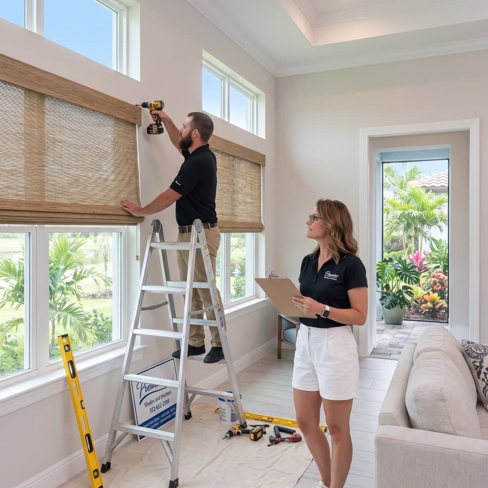 Premier Shades & Shutters installing woven wood shades