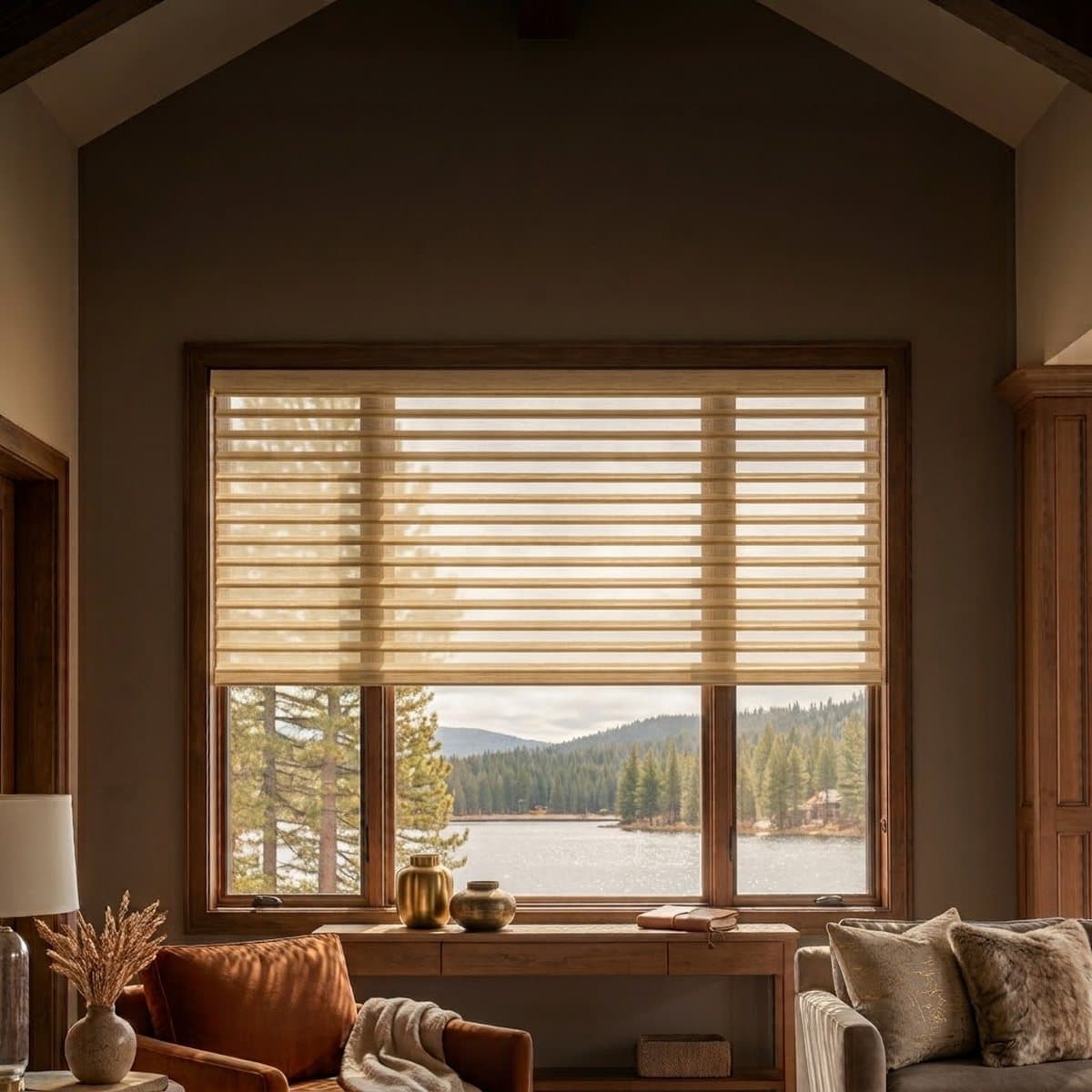 Sheer shades with the vanes open, over a lake view