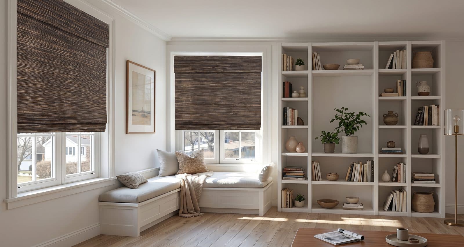 Woven wood shades in a living room